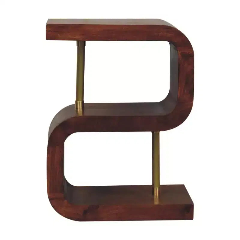 Comodino curvo in legno massello color castagno e oro da 60 cm