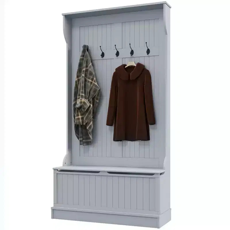 Okak 38IN Entryway Hall Tree with 5 Metal Hooks, Coat Tree with Shoe Storage and Top Door, Freestanding Coat Rack for Living Room, Entryway, Gray