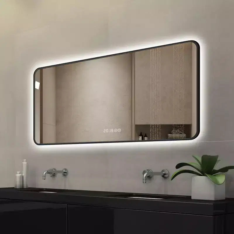 Specchio da bagno 48x24 pollici in alluminio nero con display della temperatura e luce LED