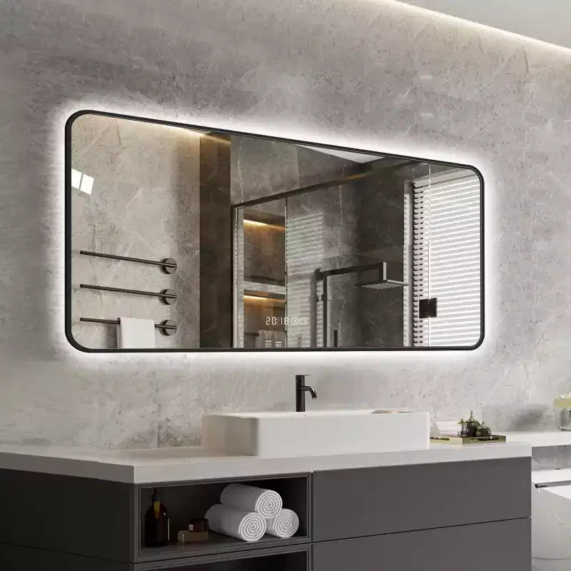 Specchio da bagno 48x24 pollici in alluminio nero con display della temperatura e luce LED
