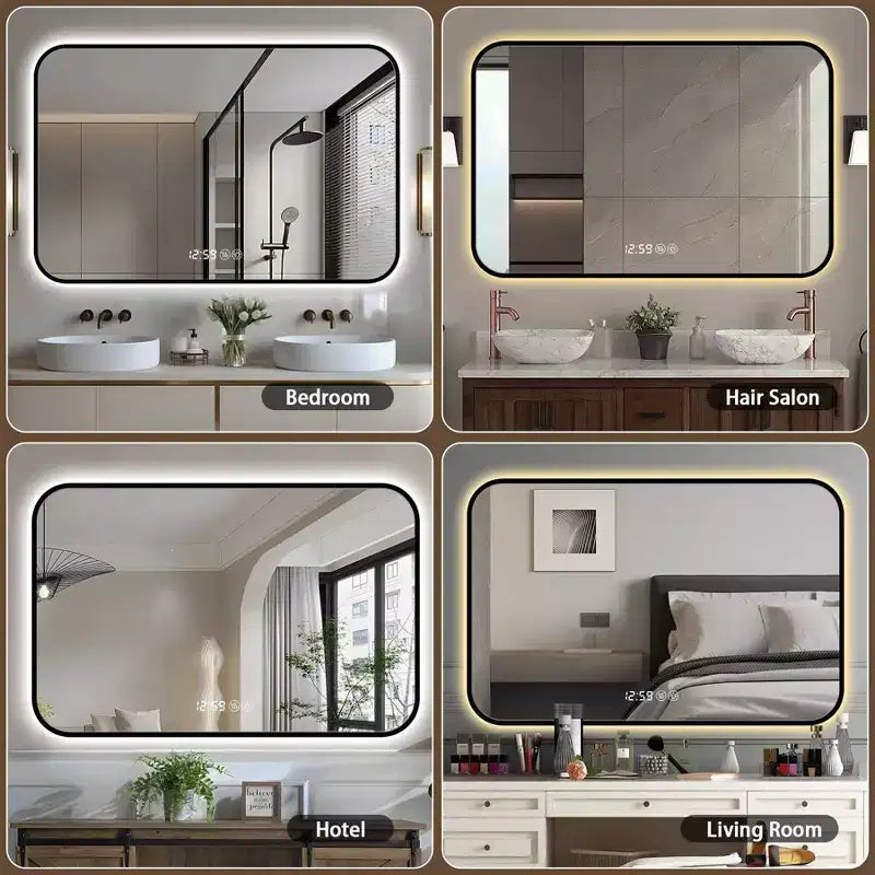 Specchio da bagno 48x24 pollici in alluminio nero con display della temperatura e luce LED