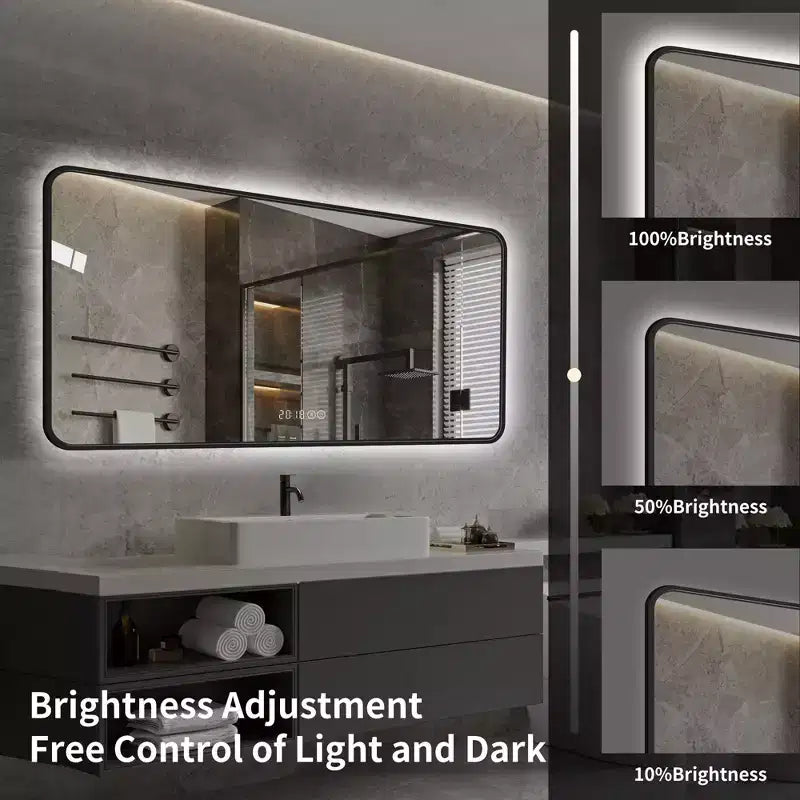 Specchio da bagno 48x24 pollici in alluminio nero con display della temperatura e luce LED