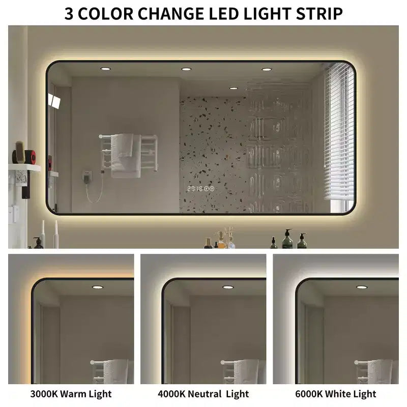 Specchio da bagno 48x24 pollici in alluminio nero con display della temperatura e luce LED