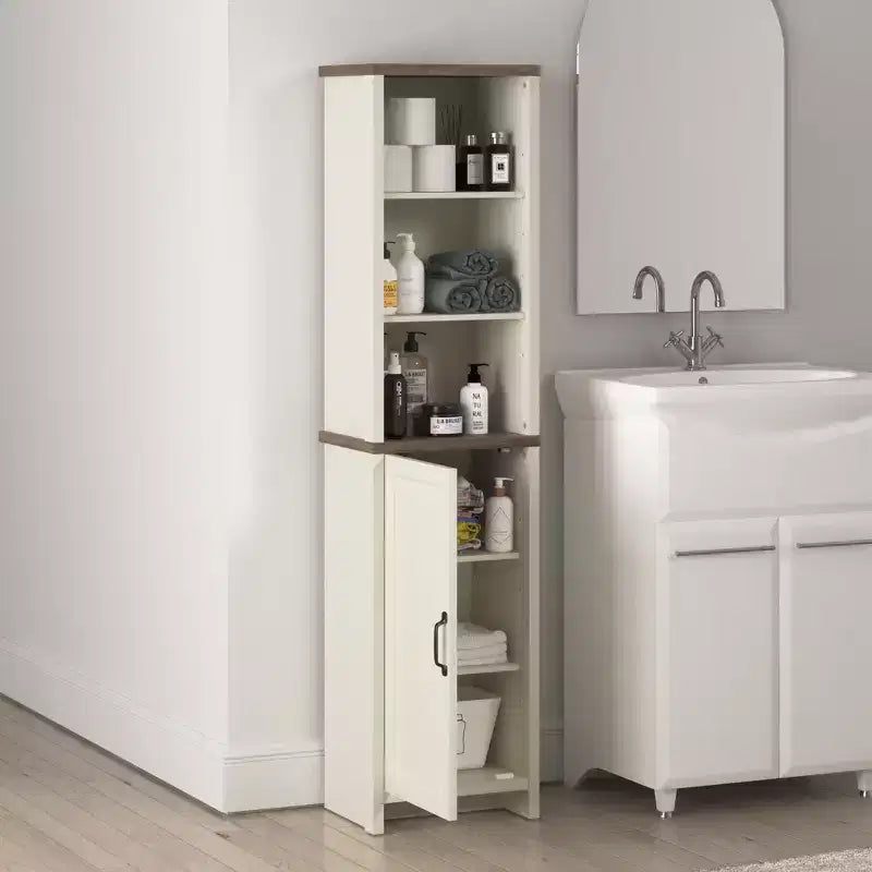 Colonna Bagno Alta con Ripiani a Giorno, Rovere Nodi Avorio, 39,6L x 29,5P x 161,8A cm