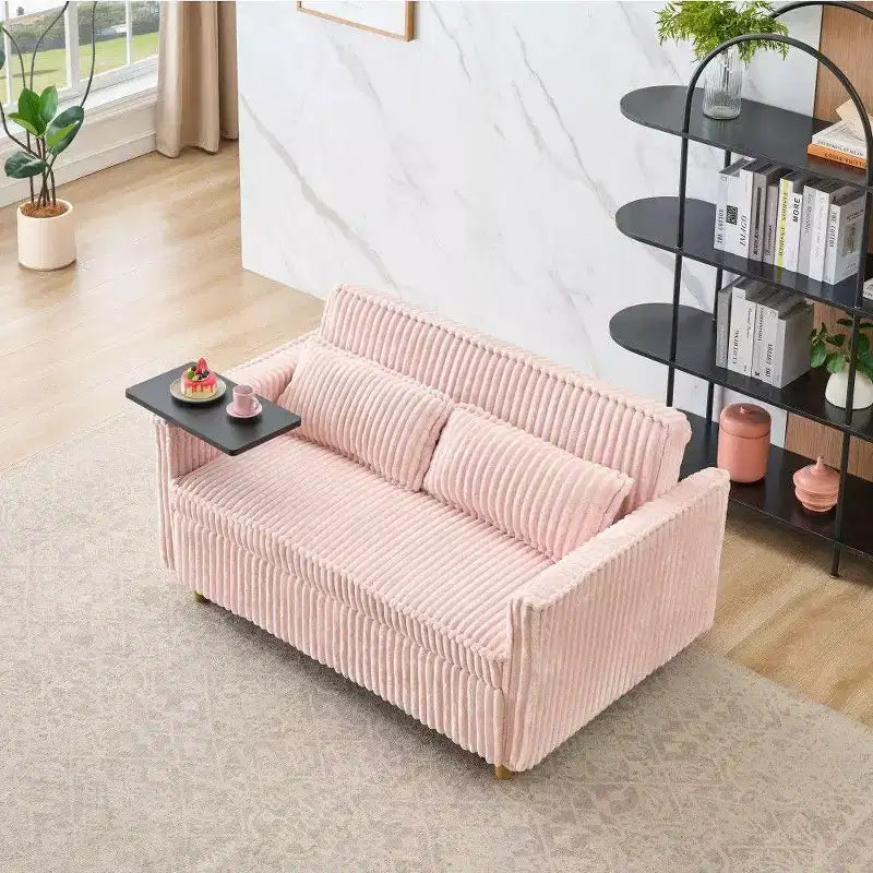 Divano Letto Convertibile in Velluto a Coste con Tavolino Mobile e Porta USB