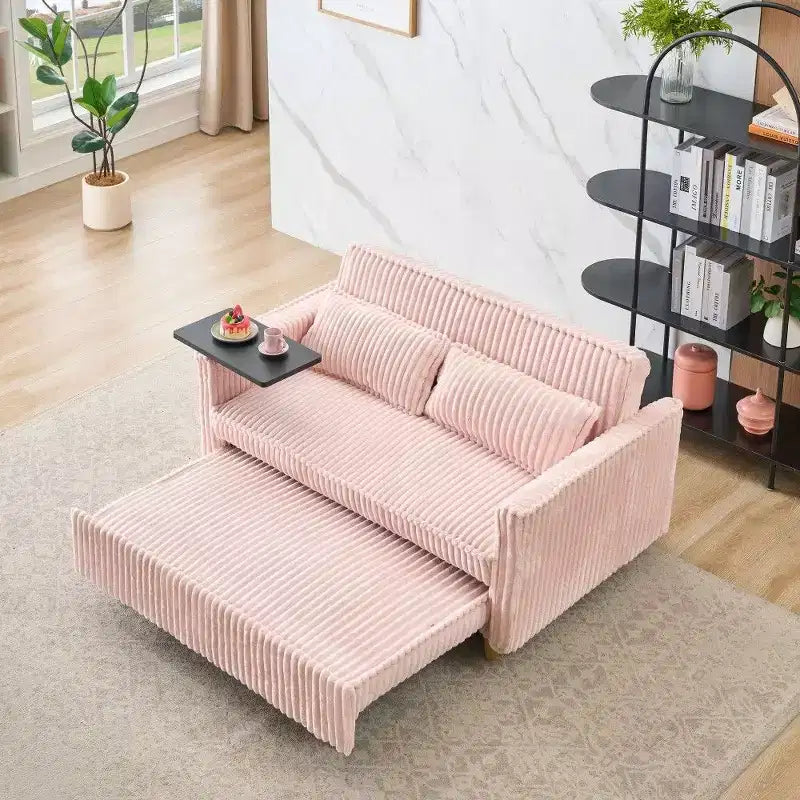 Divano Letto Convertibile in Velluto a Coste con Tavolino Mobile e Porta USB