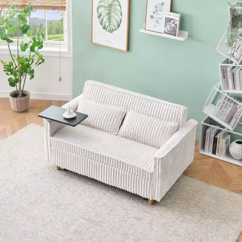 Divano Letto Convertibile in Velluto a Coste con Tavolino Mobile e Porta USB