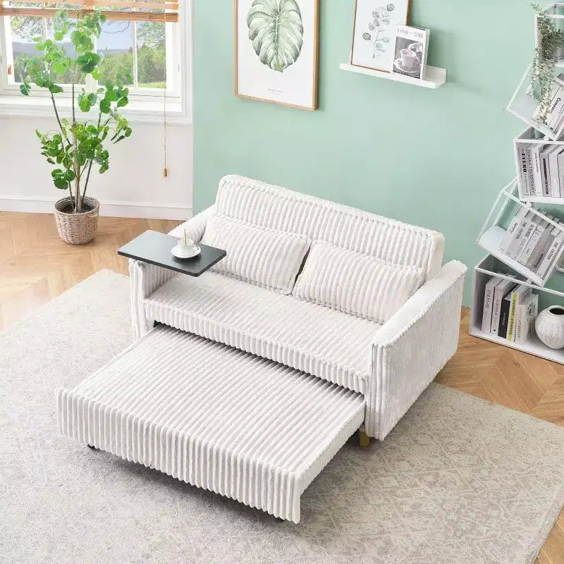 Divano Letto Convertibile in Velluto a Coste con Tavolino Mobile e Porta USB