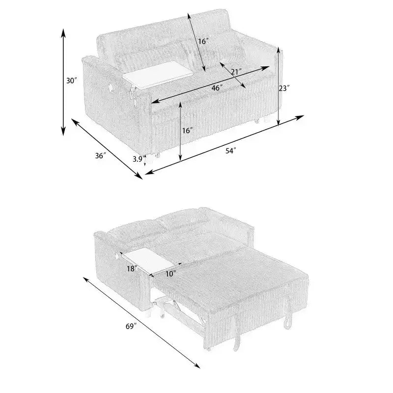 Divano Letto Convertibile in Velluto a Coste con Tavolino Mobile e Porta USB