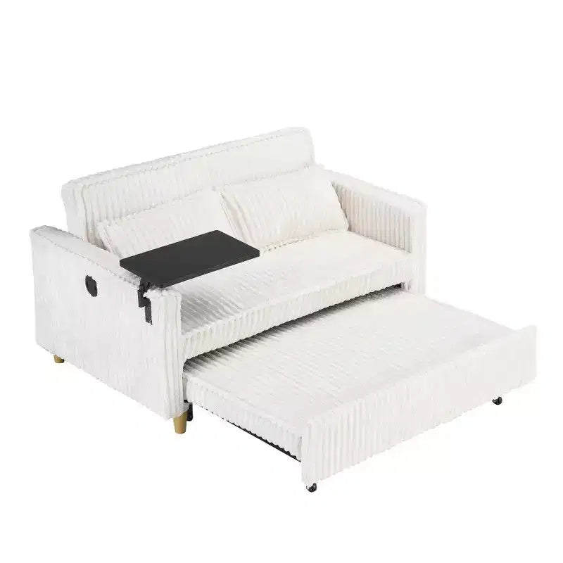 Divano Letto Convertibile in Velluto a Coste con Tavolino Mobile e Porta USB