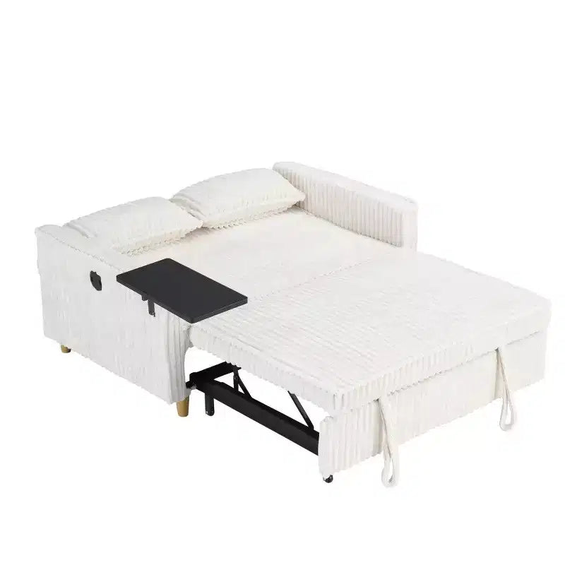 Divano Letto Convertibile in Velluto a Coste con Tavolino Mobile e Porta USB