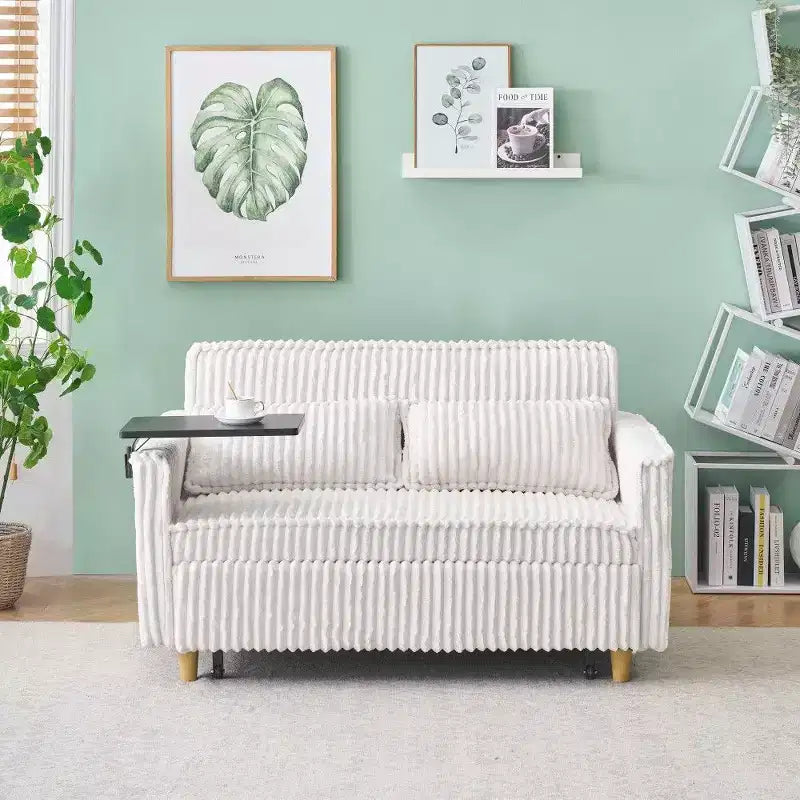 Divano Letto Convertibile in Velluto a Coste con Tavolino Mobile e Porta USB
