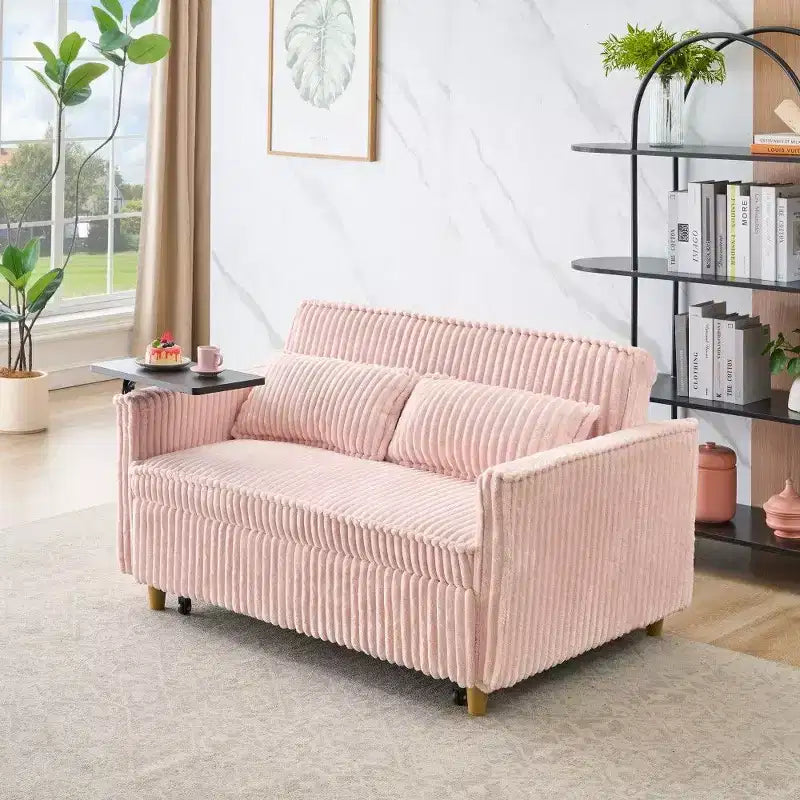 Divano Letto Convertibile in Velluto a Coste con Tavolino Mobile e Porta USB