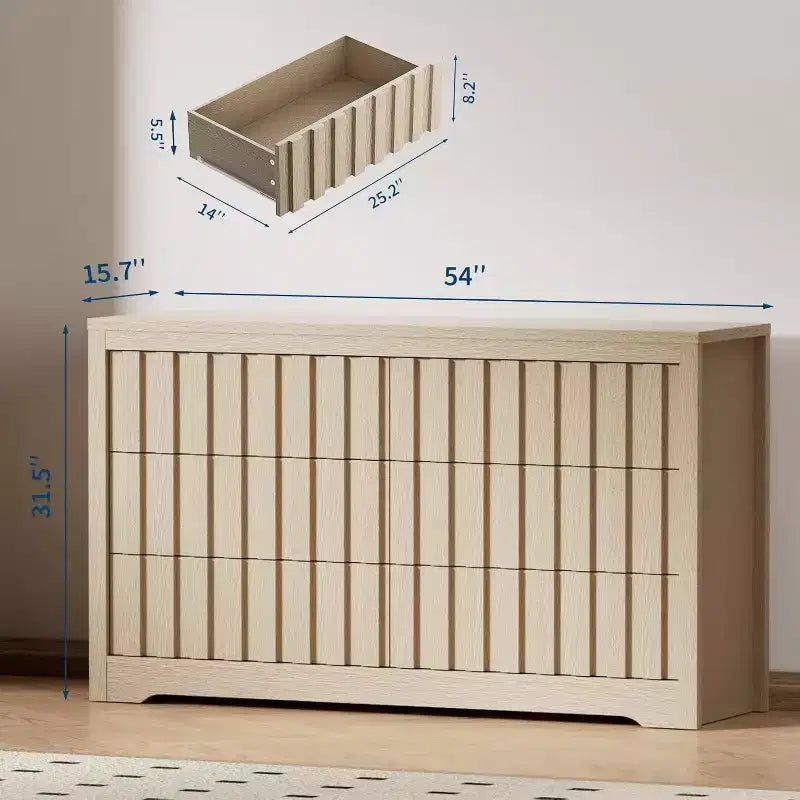 Cassettiera in legno a 6 cassetti, 137 cm, finitura naturale
