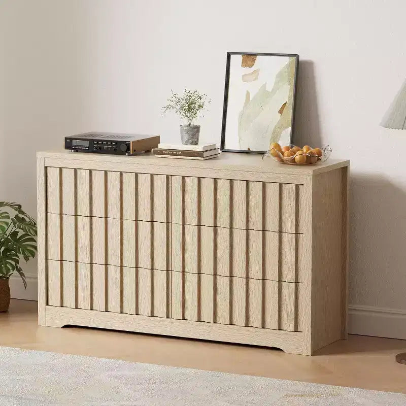 Cassettiera in legno a 6 cassetti, 137 cm, finitura naturale