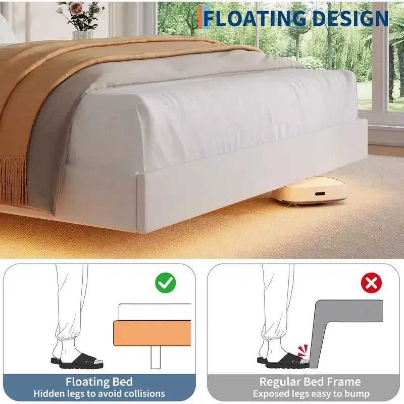 Letto flottante con testiera contenitore imbottita in velluto, nessuna rete a molle necessaria