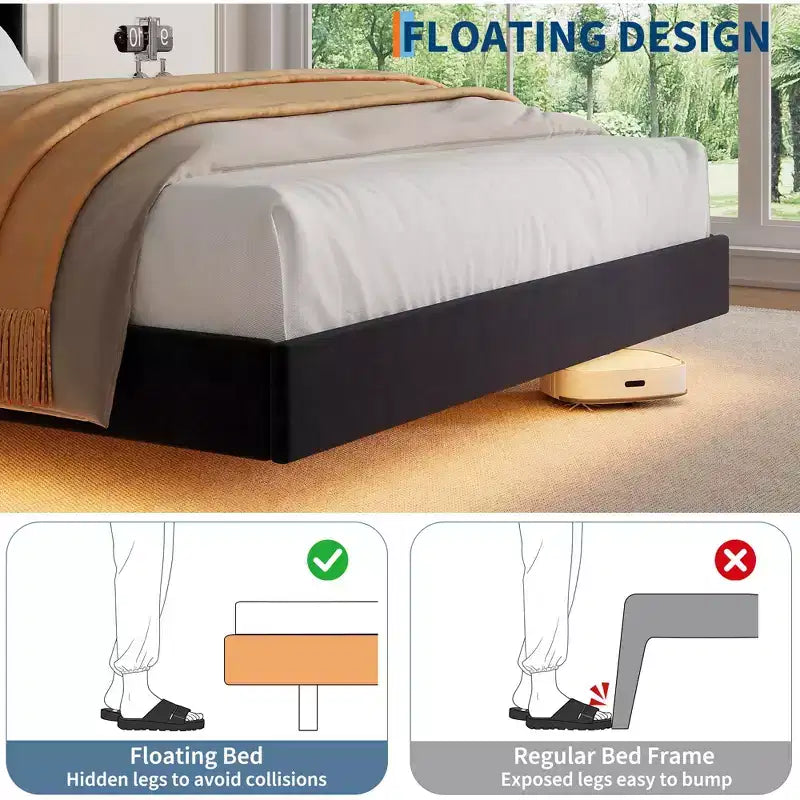 Letto flottante con testiera contenitore imbottita in velluto, nessuna rete a molle necessaria