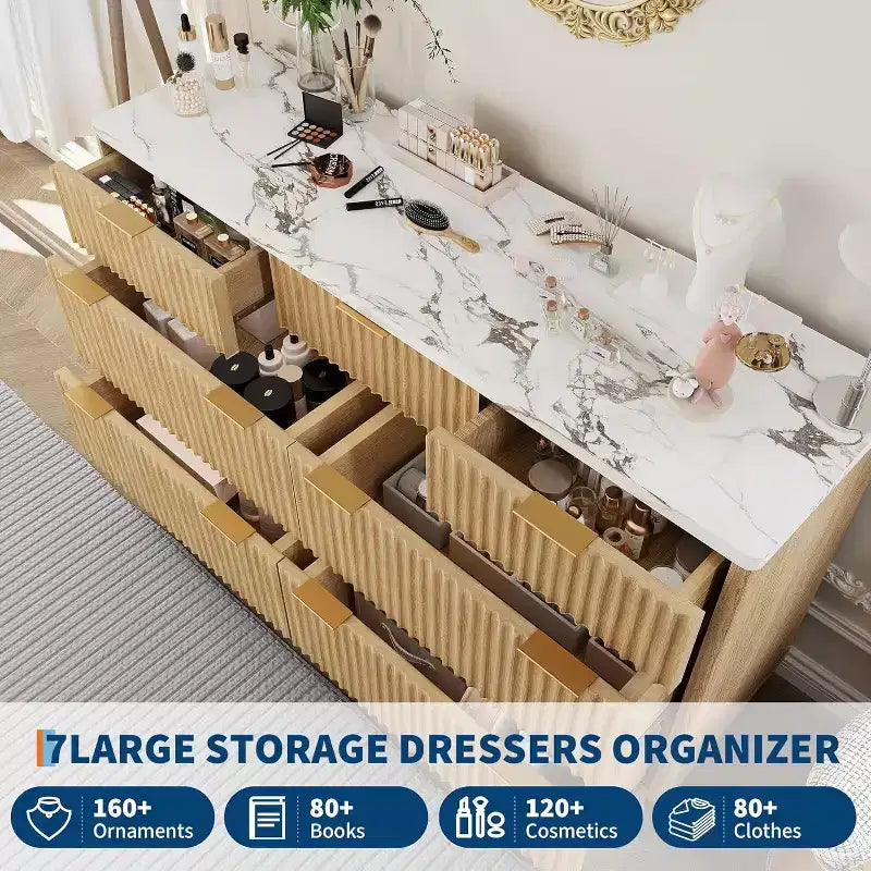 Cassettiera a 7 cassetti scanalata, comò largo 54 pollici per camera da letto e soggiorno