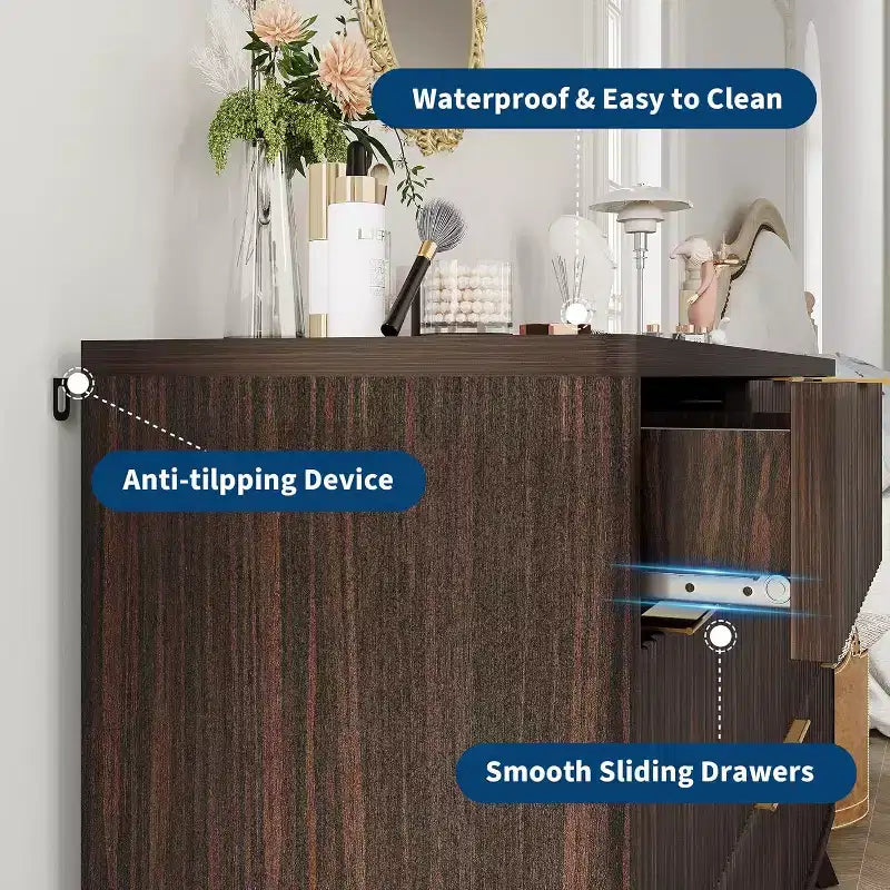 Cassettiera a 7 cassetti scanalata, comò largo 54 pollici per camera da letto e soggiorno