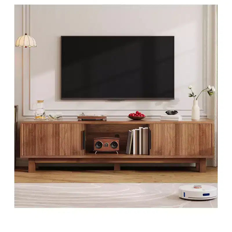 Mobile TV scanalato per TV da 65 pollici, Centro multimediale con prese di corrente, Noce