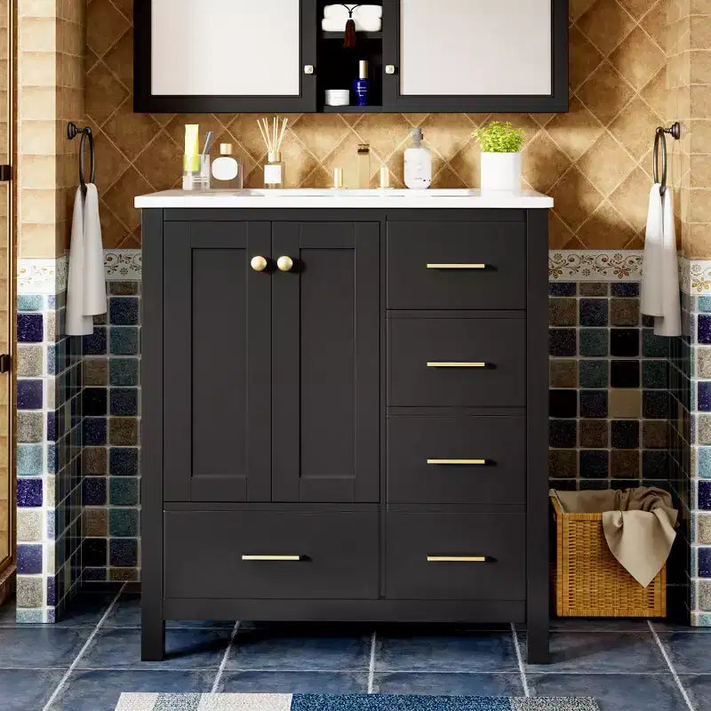 Mobile bagno da 30 pollici con lavabo, cassetti portaoggetti e ante con chiusura ammortizzata