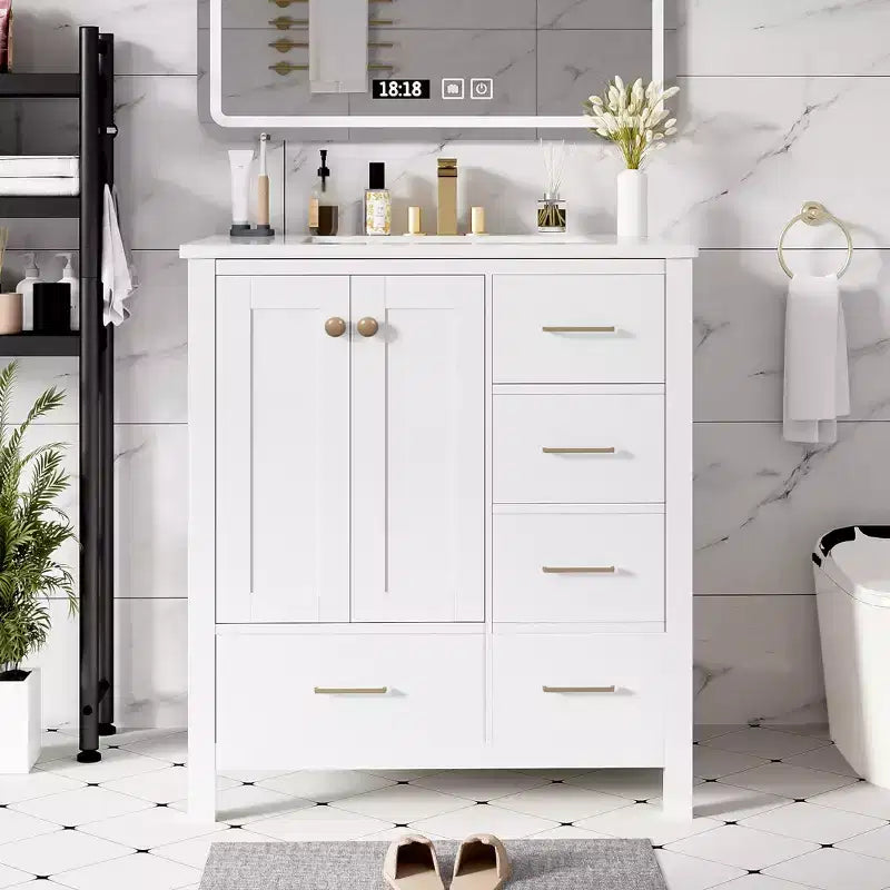 Mobile bagno da 30 pollici con lavabo, cassetti portaoggetti e ante con chiusura ammortizzata