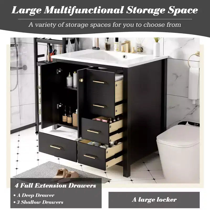 Mobile bagno da 30 pollici con lavabo, cassetti portaoggetti e ante con chiusura ammortizzata