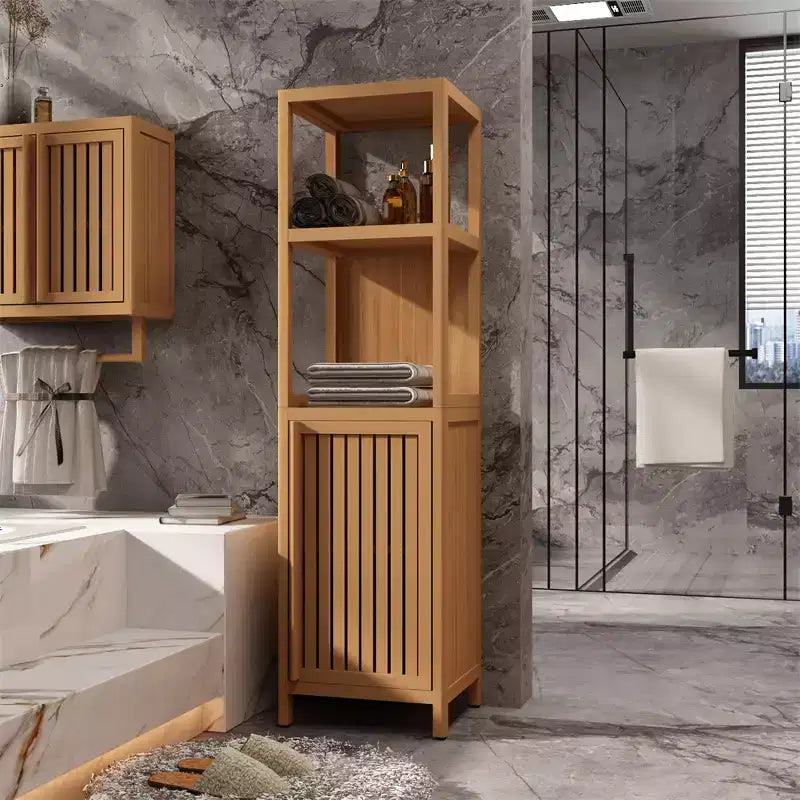 Armadietto da Bagno Alto e Sottile in Bambù con Anta a Serrandina e 3 Ripiani, Neutro