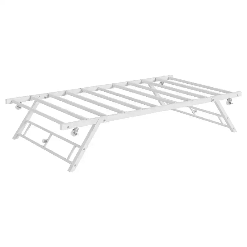 Stand Up Trundle Day Bed, Pop Up Trundle, Twin Trundle Bed Frame Only, Metal Slats Support with Lockable Casters, Noise-Free Design, White