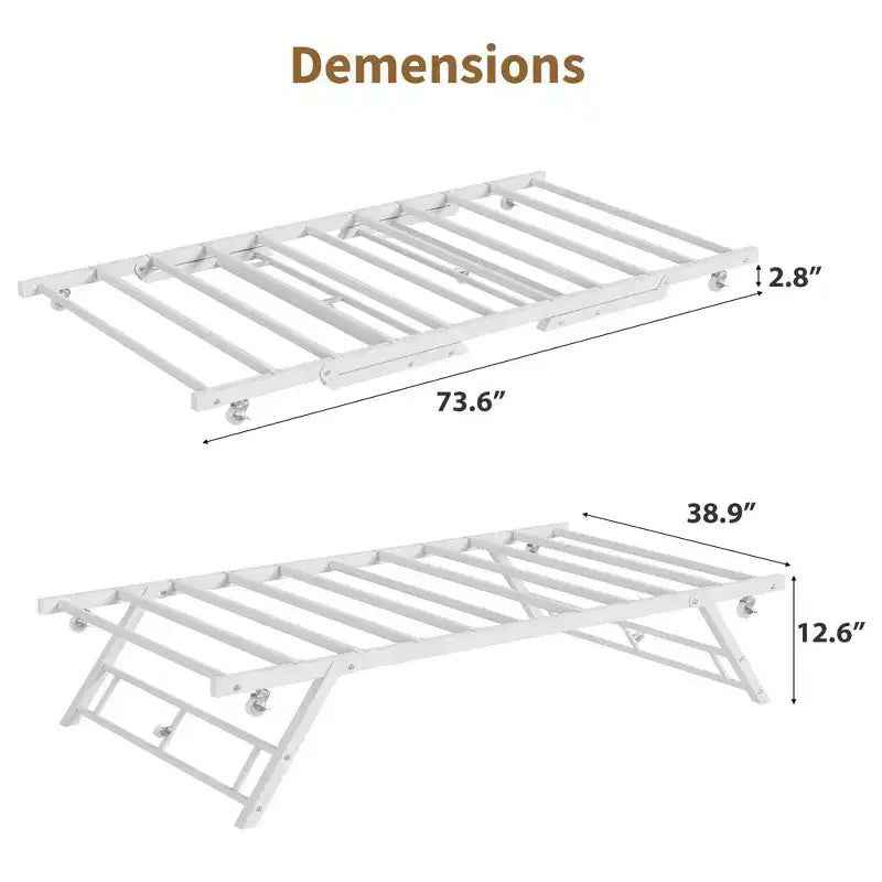 Daybed Matrimoniale a Scomparsa con Rete Sollevabile, Doghe in Metallo e Ruote Bloccabili, Bianco