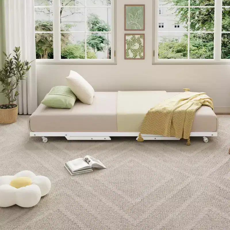 Daybed Matrimoniale a Scomparsa con Rete Sollevabile, Doghe in Metallo e Ruote Bloccabili, Bianco