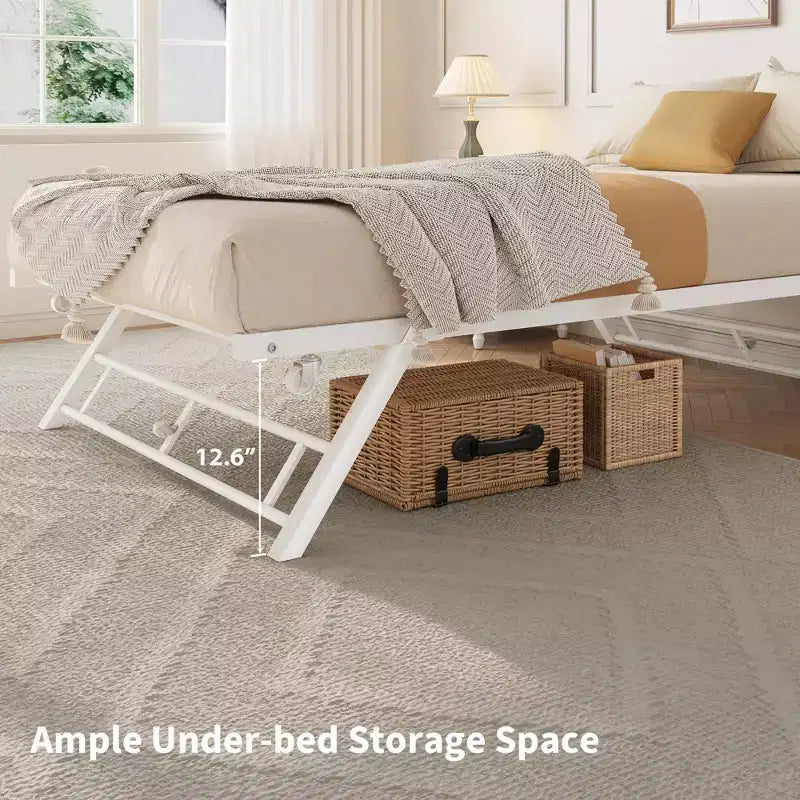Daybed Matrimoniale a Scomparsa con Rete Sollevabile, Doghe in Metallo e Ruote Bloccabili, Bianco