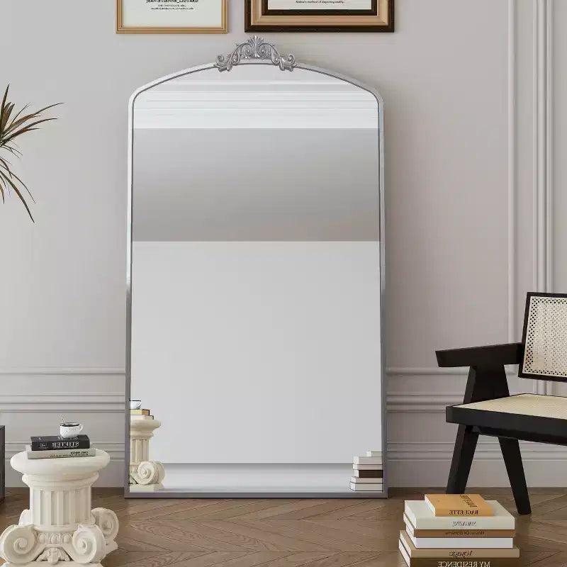 Specchio da parete/terra a figura intera, ad arco, oversize, stile moderno vintage, colore argento