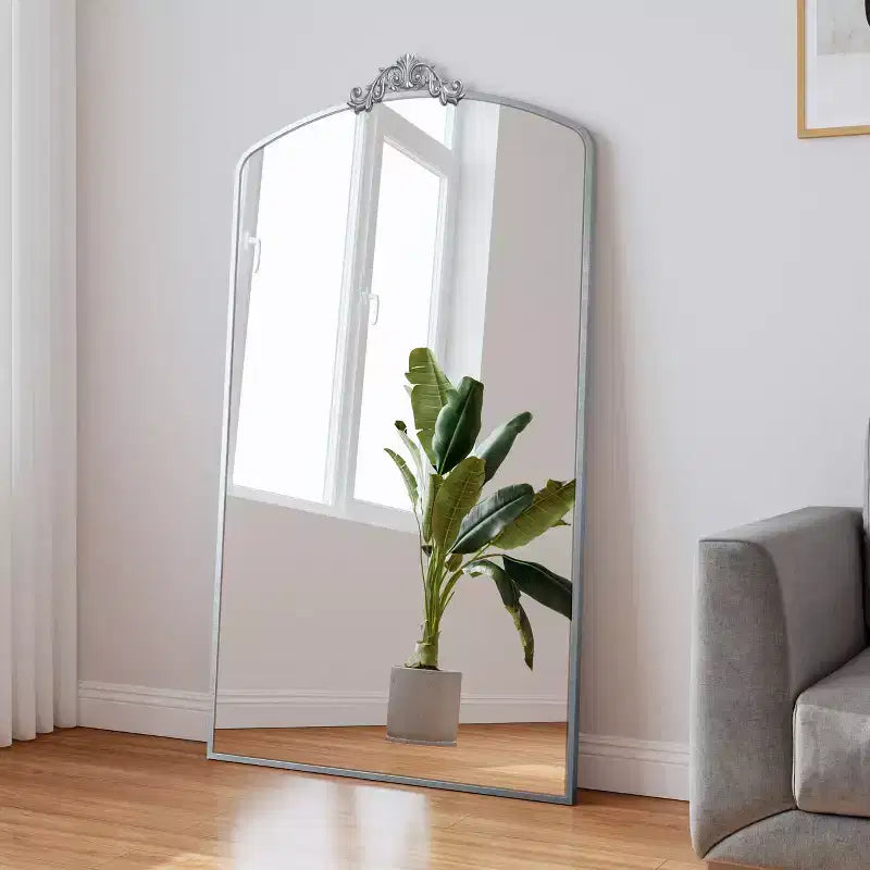 Specchio da parete/terra a figura intera, ad arco, oversize, stile moderno vintage, colore argento