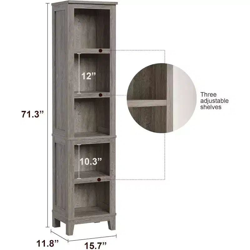 Libreria ad angolo stretta a 5 ripiani con gambe in legno, grigia, salvaspazio