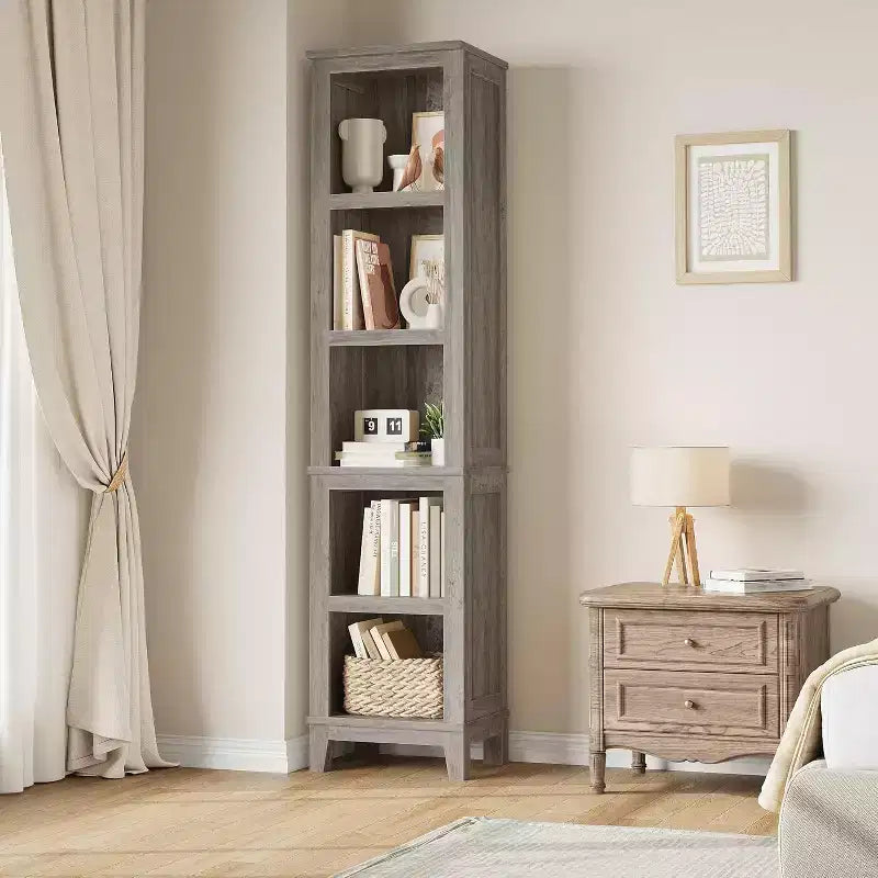 Libreria ad angolo stretta a 5 ripiani con gambe in legno, grigia, salvaspazio