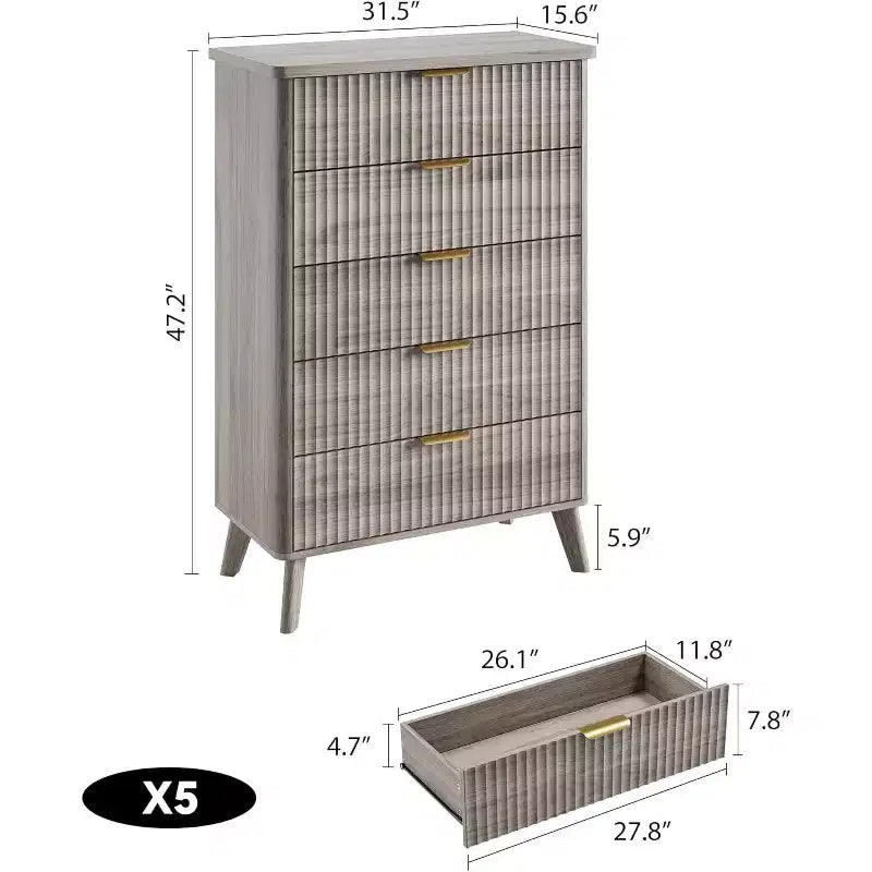 Cassettiera con 5 cassetti scanalati, comodino alto 120 cm, design curvo