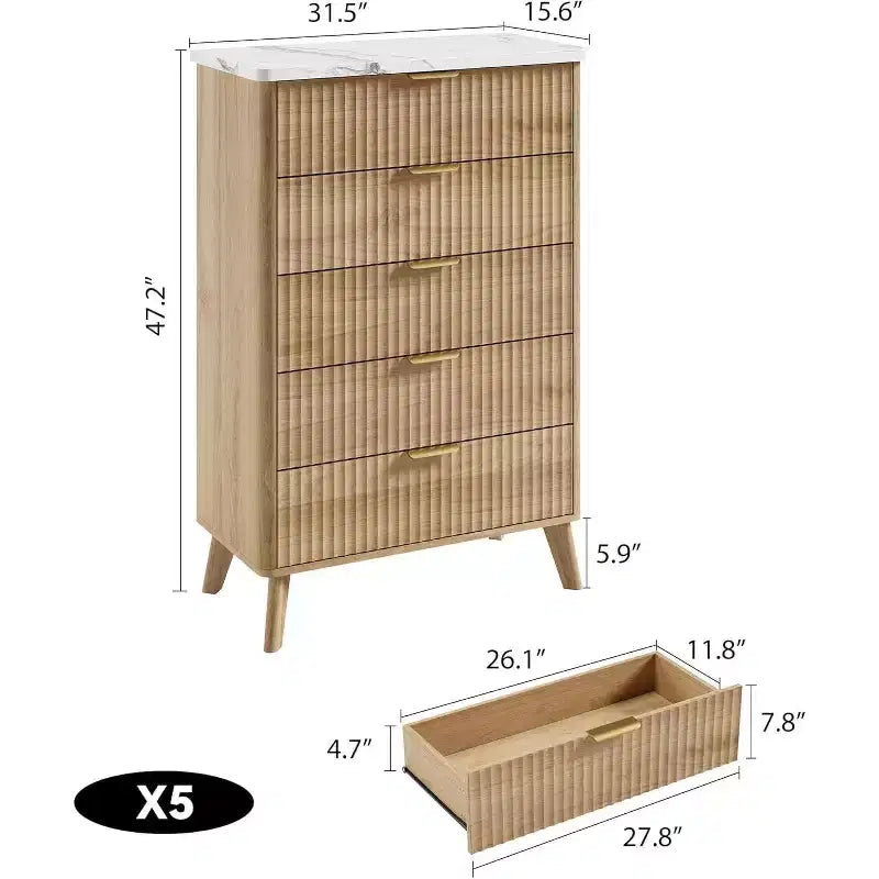 Cassettiera con 5 cassetti scanalati, comodino alto 120 cm, design curvo
