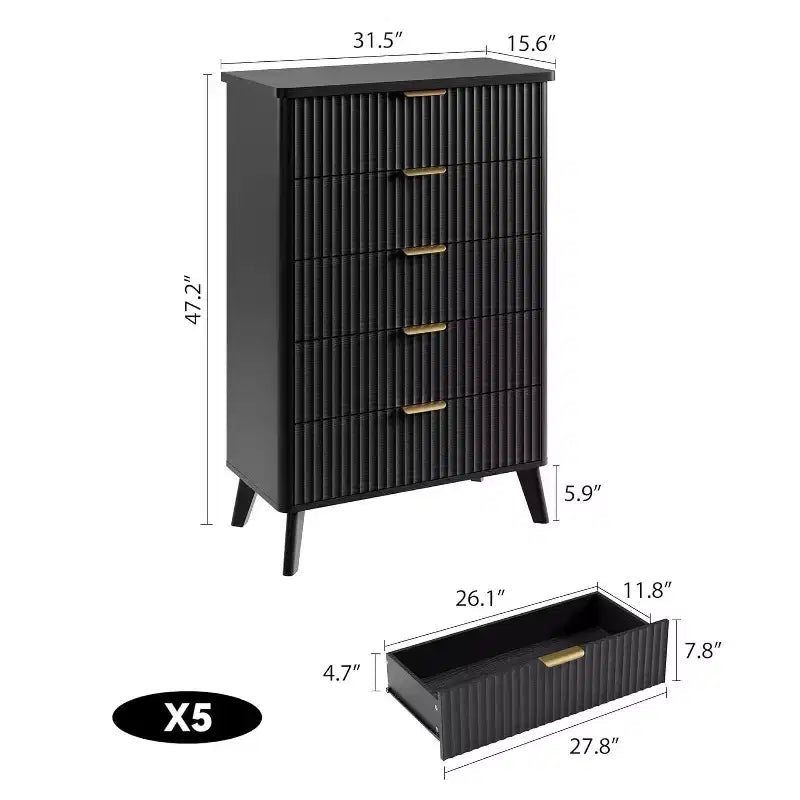 Cassettiera con 5 cassetti scanalati, comodino alto 120 cm, design curvo