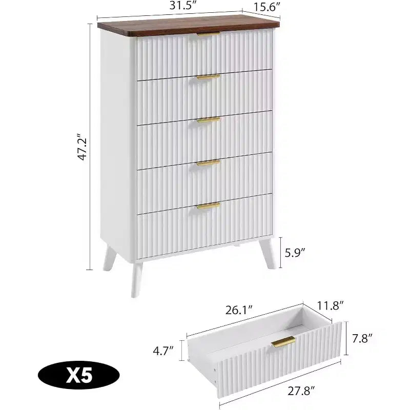 Cassettiera con 5 cassetti scanalati, comodino alto 120 cm, design curvo