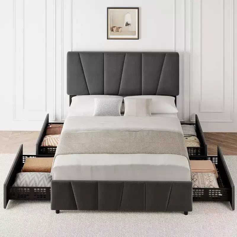 Letto a piattaforma singolo/matrimoniale con testiera regolabile e 4 cassetti contenitore, in velluto