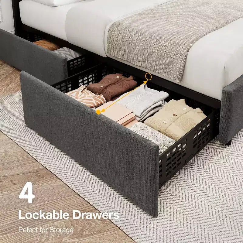 Letto a piattaforma singolo/matrimoniale con testiera regolabile e 4 cassetti contenitore, in velluto