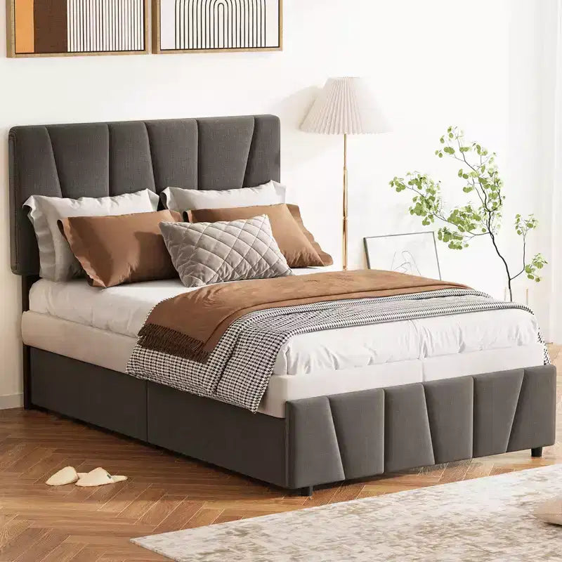 Letto a piattaforma singolo/matrimoniale con testiera regolabile e 4 cassetti contenitore, in velluto