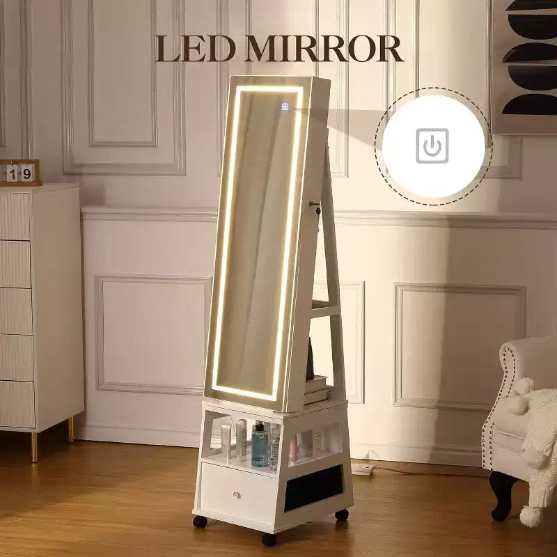 Armadietto portagioie girevole a 360° con specchio, illuminazione e contenitore, bianco opaco