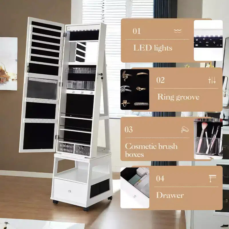 Armadietto portagioie girevole a 360° con specchio, illuminazione e contenitore, bianco opaco