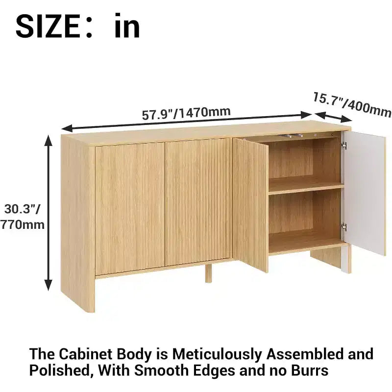 Credenza buffet scanalata da 58 pollici con 4 ante e ripiani regolabili