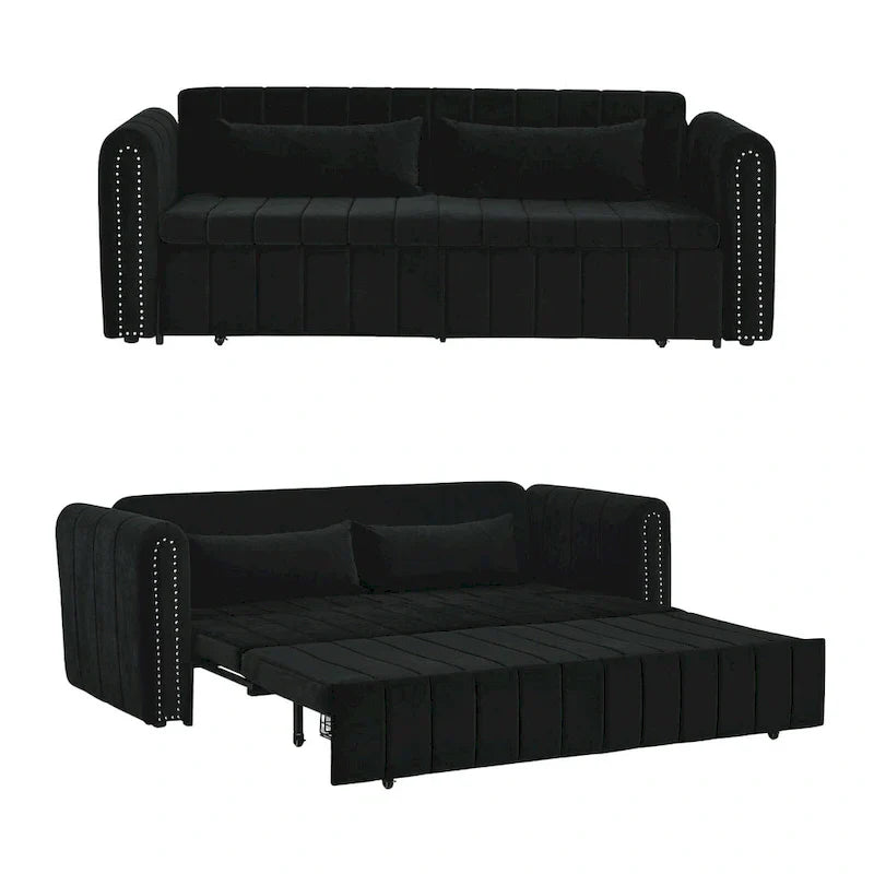 Divano letto moderno convertibile imbottito in velluto con braccioli arrotolati decorati con borchie in rame