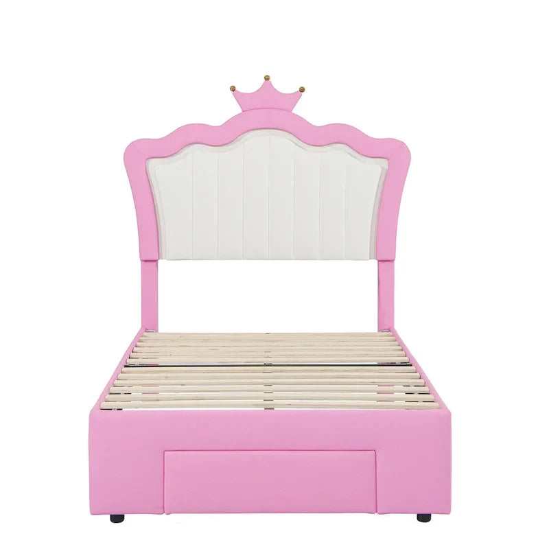 Letto Imbottito Singolo con Luci LED, Letto Imbottito Moderno da Principessa con Testiera a Corona, un Cassetto, Rosa+Bianco